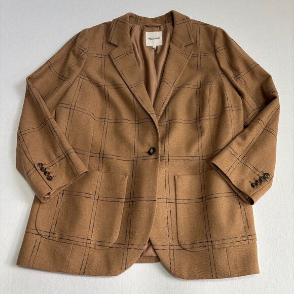 Madewell Larsen Wool Windowpane Blazer Women's 2X Camel Tan Office Academia EUC - Picture 3 of 10